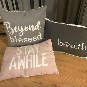 Three decorative word pillows.